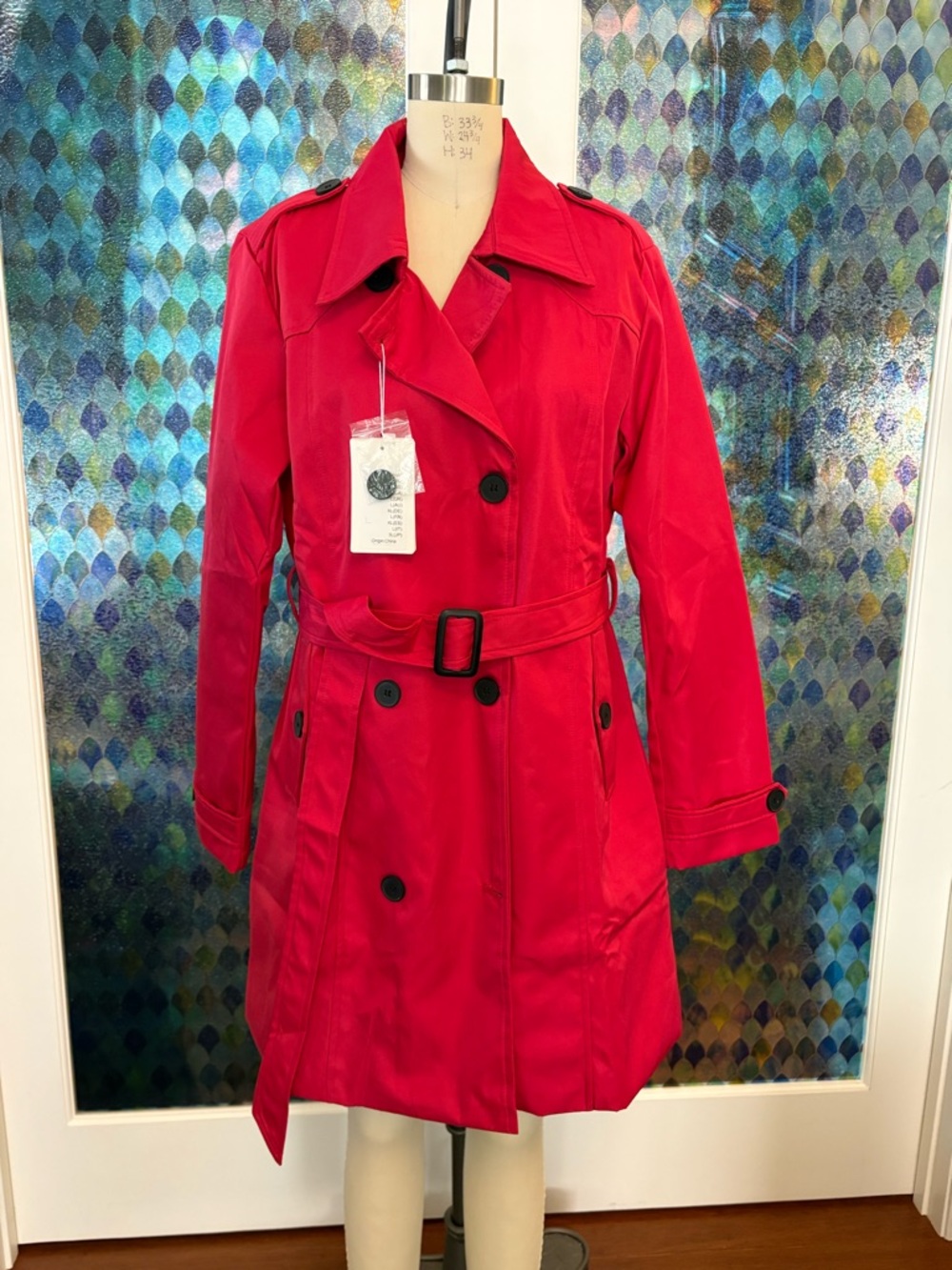 Bold Red Double-Breasted Rain/Trench Coat with Belt